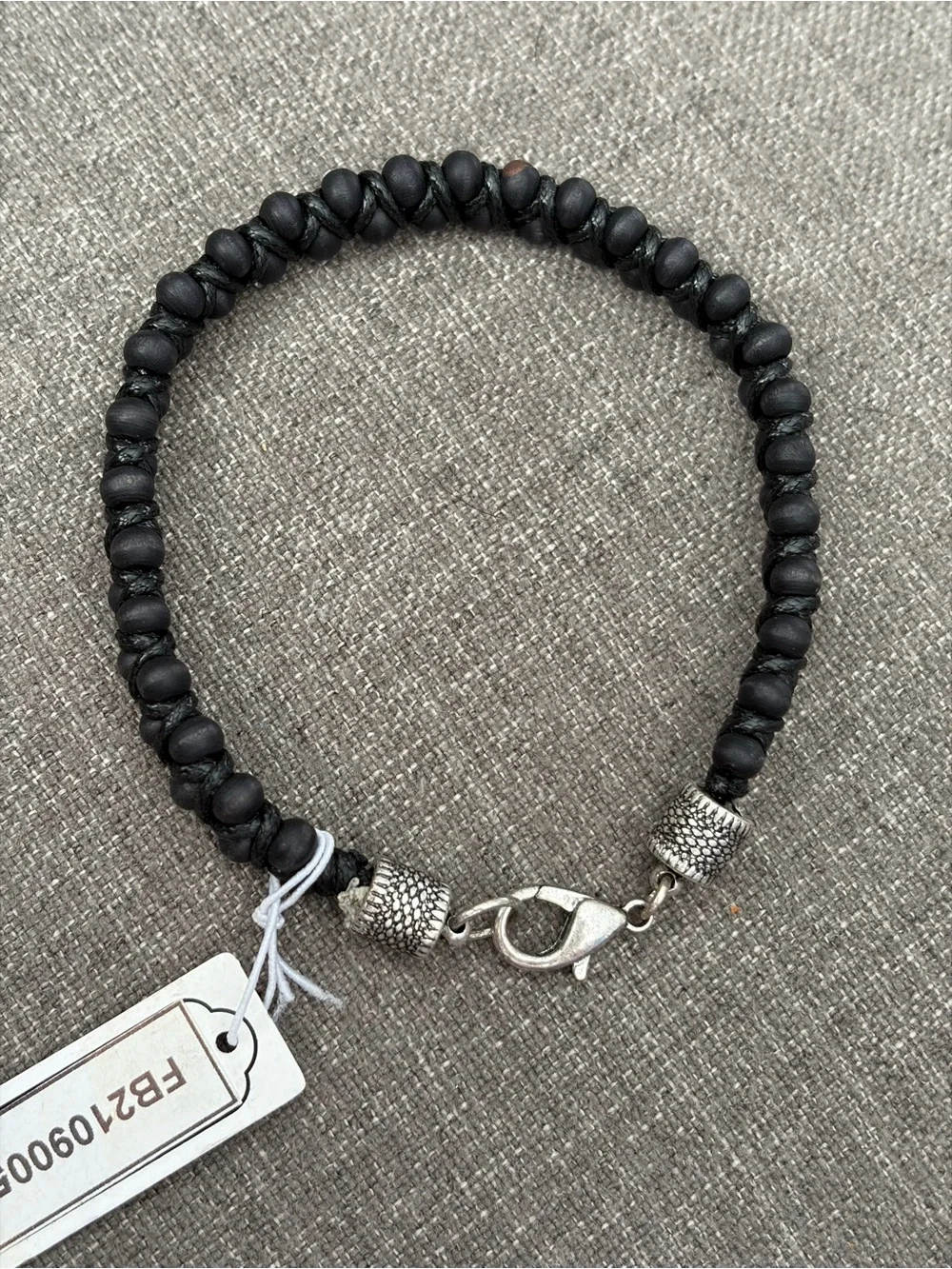 Black Wood Bead Woven Cord Bracelet Silver-Tone Lobster Clasp